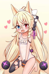 Rule 34 | 1girl, :d, animal ears, asymmetrical legwear, bare legs, bare shoulders, barefoot, beige background, black thighhighs, blonde hair, blue eyes, blush, bow, braid, breasts, brown background, character name, checkered bow, checkered clothes, commentary, fang, g41 (beach punk 2064) (girls&#039; frontline), g41 (girls&#039; frontline), girls&#039; frontline, gradient background, hair between eyes, hair bow, hair ornament, head tilt, heart, heterochromia, highres, jiu (sdesd3205), long hair, looking at viewer, low-tied long hair, name tag, official alternate costume, one-piece swimsuit, open mouth, red eyes, school swimsuit, seiza, single thighhigh, sitting, small breasts, smile, solo, swimsuit, thighhighs, uneven legwear, very long hair, white bow, white one-piece swimsuit, white school swimsuit