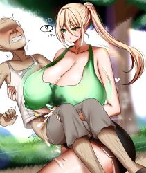 Rule 34 | 1boy, 1girl, absurdres, age difference, blonde hair, breasts, cleavage, highres, huge breasts, kishi, old, old man, older man and younger girl, paizuri, smile