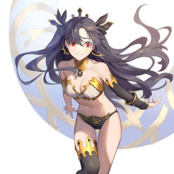 Rule 34 | 1girl, absurdres, armlet, asymmetrical legwear, asymmetrical sleeves, bare shoulders, bikini, black bikini, black bow, black hair, black thighhighs, blush, bow, breasts, cleavage, closed mouth, collarbone, detached collar, detached sleeves, earrings, fate/grand order, fate (series), hair bow, heavenly boat maanna, highres, hoop earrings, ishtar (fate), jewelry, long hair, looking to the side, medium breasts, navel, neck ring, parted bangs, red eyes, single detached sleeve, single thighhigh, smile, solo, swimsuit, teffish, thighhighs, thighs, tiara, two side up, uneven legwear, uneven sleeves, weapon