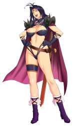 Rule 34 | 1girl, breasts, cape, circlet, earrings, full body, gloves, hair intakes, hands on own hips, highres, jewelry, large breasts, long hair, looking at viewer, naga the serpent, navel, open mouth, purple hair, revealing clothes, shoulder spikes, simple background, slayers, smile, solo, spikes, standing, sword, takasugi kou, thong, weapon, white background