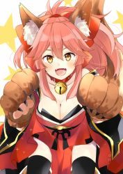 Rule 34 | 1girl, :d, animal ears, animal hands, bad id, bad pixiv id, bare shoulders, bell, black thighhighs, blush, bow, breasts, cleavage, collar, collarbone, cowboy shot, fangs, fate/grand order, fate (series), fox ears, hair between eyes, hair bow, hair flaps, hands up, japanese clothes, jingle bell, large bow, large breasts, leaning forward, long hair, looking at viewer, neck bell, open mouth, paw pose, pink hair, ponytail, red bow, sash, sidelocks, smile, solo, sparkle, star (symbol), starry background, tamamo (fate), tamamo cat (fate), tamamo cat (first ascension) (fate), tamamo no mae (fate/extra), thighhighs, white background, yellow eyes, yukichi (eikichi)