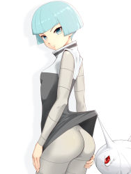 Rule 34 | 1girl, ass, blue eyes, blue hair, breasts, cascoon, clothes lift, comugico, creatures (company), game freak, gen 3 pokemon, highres, looking at viewer, nintendo, pokemon, pokemon (creature), pokemon dppt, red eyes, shiny clothes, short hair, sideboob, skirt, skirt lift, small breasts, solo, team galactic, team galactic grunt, uniform
