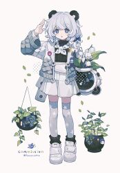 Rule 34 | 1girl, animal ears, bear ears, bear girl, blue eyes, blue thighhighs, full body, highres, jacket, kanae (cookie), open clothes, open jacket, original, plant, potted plant, simple background, skirt, solo, star (symbol), star print, thighhighs, white background, white footwear, white skirt