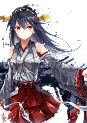 Rule 34 | 10s, 1girl, bare shoulders, black hair, detached sleeves, hairband, haruna (kancolle), hidaka kouyou, highres, japanese clothes, kantai collection, long hair, personification, red eyes, ribbon-trimmed sleeves, ribbon trim, short hair, solo