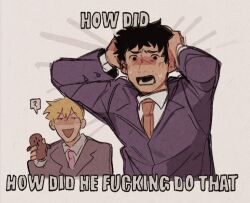 Rule 34 | 2boys, ?, black eyes, black hair, blonde hair, buttoned cuffs, buttons, collared shirt, commentary, english commentary, english text, formal, grey background, hands on own head, holding, image macro (meme), long sleeves, looking at another, looking at viewer, male focus, meme, mob psycho 100, mp100days, multiple boys, necktie, open mouth, reigen arataka, serizawa katsuya, shirt, short hair, simple background, smile, suit, upper body