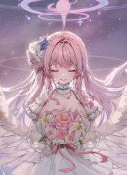 Rule 34 | 1girl, alternate costume, blue archive, bouquet, closed eyes, closed mouth, detached collar, dress, facing viewer, feathered wings, flower, hair between eyes, hair bun, hair ornament, hair scrunchie, halo, highres, holding, holding bouquet, long sleeves, low wings, mika (blue archive), pink hair, pink halo, purple sky, scrunchie, shiro albino, single hair bun, single side bun, sky, solo, upper body, white dress, white scrunchie, white wings, wing ornament, wings