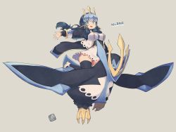 Rule 34 | 1girl, :d, bird, black hair, black jacket, black thighhighs, blue hair, breasts, commentary request, creatures (company), dress, empoleon, game freak, gen 4 pokemon, grey background, hair between eyes, jacket, kuromiya, long sleeves, looking at viewer, medium breasts, multicolored hair, nintendo, open clothes, open jacket, open mouth, outstretched arm, penguin, personification, pokedex number, pokemon, pokemon (creature), shoes, simple background, smile, thighhighs, tiara, two-tone hair, underbust, white dress, white footwear