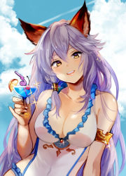 Rule 34 | 1girl, animal ears, bare shoulders, blue sky, breasts, cat ears, cleavage, cloud, cloudy sky, commentary request, covered navel, drink, erune, frills, granblue fantasy, hair between eyes, hair tubes, heles, heles (summer) (granblue fantasy), highres, holding, holding drink, light purple hair, long hair, looking at viewer, one-piece swimsuit, open mouth, outdoors, pinky out, sky, smile, solo, sparkle, swimsuit, umou (user xxhp7583), upper body, white one-piece swimsuit, yellow eyes