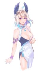 Rule 34 | 1girl, ahoge, alternate breast size, armlet, bare shoulders, blonde hair, blue nails, blush, breasts, china dress, chinese clothes, cleavage, cleavage cutout, clothing cutout, cowboy shot, dress, enna alouette, flower, hair flower, hair ornament, highres, huanwz1030, large breasts, medium hair, nijisanji, nijisanji en, purple eyes, side slit, simple background, smile, solo, tassel, virtual youtuber, white background