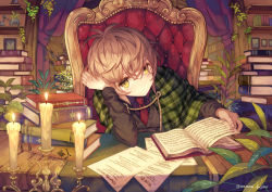 Rule 34 | 1boy, 778-go, black vest, book, book stack, brown hair, candle, candlestand, capelet, cattail, chair, collared shirt, commentary request, fire, green capelet, hair between eyes, hand on own head, head rest, head tilt, highres, indoors, leaf, leaning to the side, library, long sleeves, looking at viewer, male focus, necktie, open book, original, paper, picture frame, plant, purple shirt, red necktie, rope, shelf, shirt, shoulder rest, sitting, solo, table, tagme, twitter username, vest, wing collar, yellow eyes