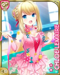 Rule 34 | 1girl, angry, blonde hair, blue eyes, card, character name, chloe lemaire, clenched hand, flower, girlfriend (kari), gym, gymnastics, gymnastics ribbon, indoors, leotard, long hair, mat, official art, open mouth, pink leotard, pink skirt, qp:flapper, rhythmic gymnastics, skirt, solo, tagme, v-shaped eyebrows
