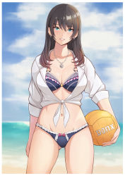 Rule 34 | 1girl, ball, beach, bikini, blue eyes, collar, cowboy shot, dead or alive, earrings, female focus, highres, holding, holding ball, jewelry, konishiki (52siki), long hair, looking at viewer, midriff, nanami (doa), ocean, open mouth, sky, smile, solo, swimsuit, volleyball, volleyball (object)