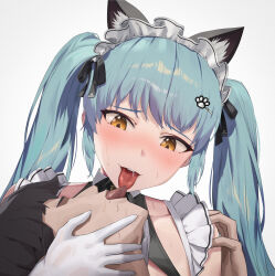Rule 34 | 1boy, 1girl, absurdres, animal ears, blue hair, blush, cat ears, commander (nikke), fake animal ears, french kiss, gloves, goddess of victory: nikke, hetero, highres, kiss, light blue hair, long hair, maid, maid headdress, neck bell, official alternate costume, paw hair ornament, privaty (nikke), privaty (unkind maid) (nikke), pumi puru, simple background, sweat, tongue, tongue out, twintails, very long hair, white background, white gloves, yellow eyes