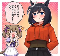 Rule 34 | 2girls, ^^^, animal ears, arms behind back, black hair, blouse, blue eyes, blush, bow, brown hair, check translation, closed mouth, commentary request, cosplay, covered navel, crop top, crop top overhang, drawstring, eishin flash (umamusume), emphasis lines, frilled skirt, frills, hair between eyes, hair bow, hands up, hood, hood down, hoodie, horse ears, horse girl, horse tail, ines fujin (umamusume), ines fujin (umamusume) (cosplay), long sleeves, multiple girls, nose blush, open mouth, orange hoodie, pink bow, pleated skirt, puffy long sleeves, puffy sleeves, purple bow, purple shirt, school uniform, shirt, skirt, smart falcon (umamusume), smile, tail, takiki, tracen school uniform, translation request, trembling, twintails, umamusume, white skirt, yellow bow