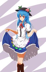 Rule 34 | 1girl, absurdres, blue hair, blush, boots, bow, bowtie, curtsey, dress, food, food on head, fruit, fruit on head, hat, highres, hinanawi tenshi, knee boots, layered dress, long hair, looking at viewer, object on head, peach, red eyes, sasa (weldan6), skirt, smile, solo, touhou