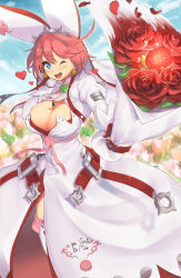 Rule 34 | 1girl, ;d, between breasts, blue eyes, blush, bouquet, breasts, cleavage, cloud, clover, dress, earrings, elphelt valentine, fingernails over gloves, flower, food, four-leaf clover, fruit, guilty gear, guilty gear xrd, hairband, heart, highres, jewelry, large breasts, magister, one eye closed, open mouth, petals, rose, short hair, shotgun shell, sky, smile, solo, spikes, strawberry, thighhighs