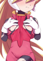 Rule 34 | 1girl, blonde hair, blush, breasts, breasts out, ciel (mega man), gloves, head out of frame, highres, long hair, mega man (series), mega man zero (series), morisobo, nipples, ponytail, simple background, solo, torn clothes, very long hair, white background, white gloves