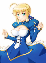 Rule 34 | 1girl, ahoge, alternate breast size, artoria pendragon (fate), bad id, bad pixiv id, blonde hair, blue dress, braid, breasts, cleavage, cleavage cutout, clothing cutout, dress, fate/stay night, fate (series), green eyes, large breasts, saber (fate), sano jinya, smile, solo