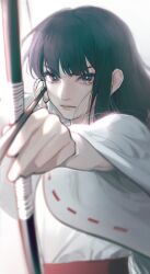 Rule 34 | 1girl, absurdres, aiming, aiming at viewer, angry, archery, arrow (projectile), black hair, blurry, bow (weapon), closed mouth, crying, depth of field, drawing bow, eyelashes, eyeliner, gootai, highres, holding, holding arrow, holding bow (weapon), holding weapon, inuyasha, japanese clothes, kikyou (inuyasha), lips, long hair, long sleeves, looking at viewer, makeup, miko, outstretched arm, redrawn, sad, simple background, solo, sunlight, tears from one eye, up sleeve, upper body, weapon, white background, wide sleeves