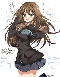 Rule 34 | &gt;:d, 10s, 1girl, :d, arm up, black jacket, black skirt, blue gloves, blurry, blush, brown hair, brown scarf, buttons, cowboy shot, foreshortening, fringe trim, gloves, green eyes, highres, idolmaster, idolmaster cinderella girls, jacket, kugimiya atsuki, leg up, long hair, long sleeves, looking at viewer, motion blur, open mouth, plaid, plaid scarf, scarf, shibuya rin, signature, simple background, skirt, smile, snow, snowball, snowball fight, snowing, solo, standing, standing on one leg, tareme, translation request, v-shaped eyebrows, white background