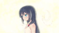 Rule 34 | 1girl, bare arms, bare shoulders, black hair, blue eyes, blush, dress, hair bobbles, hair ornament, hair over one eye, highres, long hair, mianbaoshi mengxiang, original, parted lips, pink background, solo, sundress, white dress, yellow background