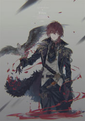 Rule 34 | 1boy, animal, animal on hand, belt, belt buckle, bird, black belt, black gloves, black jacket, black necktie, blood, brown background, buckle, commentary, cropped legs, diluc (genshin impact), english commentary, english text, formal, genshin impact, gloves, hand up, hawk, highres, jacket, long hair, looking at viewer, male focus, mokoppe, muted color, necktie, pool of blood, red eyes, red hair, serious, shirt, sidelocks, simple background, solo, suit, vision (genshin impact), white shirt