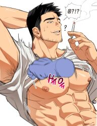 Rule 34 | 2boys, ?, abs, arm behind head, armpit hair, armpit peek, bara, bare pectorals, beard, black hair, check copyright, cigarette, clothes lift, copyright request, disembodied hand, facial hair, highres, korean text, large pectorals, lifting another&#039;s clothes, long sideburns, male focus, mature male, multiple boys, muscular, muscular male, navel, nipples, original, pectoral focus, pectorals, shirt, shirt lift, short hair, sideburns, smoking, speed lines, stomach, stubble, sweatdrop, thick eyebrows, translation request, underpec, upper body, white shirt, yaoi, yuche (skysin0830)