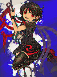 Rule 34 | 1girl, asymmetrical wings, black dress, black hair, black thighhighs, blue wings, dress, full body, highres, holding, holding polearm, holding weapon, houjuu nue, itomugi-kun, open mouth, pointy ears, polearm, red eyes, red wings, short hair, short sleeves, solo, thighhighs, touhou, trident, weapon, wings
