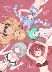 Rule 34 | 5girls, animal ears, arm up, armpits, arms up, black bow, black bra, blonde hair, blue bra, blue hair, blush, bow, bow bra, bowtie, bra, braid, breasts, carrot hair ornament, chemise, choker, cleavage, closed mouth, collarbone, crystal shoujo, dark-skinned female, dark elf, dark skin, double bun, elf, finger to cheek, finger to mouth, flat chest, food-themed hair ornament, gradient hair, green eyes, green hair, grey hair, hair bun, hair ornament, hair ribbon, hairband, heart, heterochromia, highres, holding hands, hololive, hololive fantasy, houshou marine, lace, lace-trimmed bra, lace-trimmed panties, lace choker, lace trim, large breasts, lingerie, long hair, looking at viewer, lying, medium hair, multicolored hair, multiple girls, navel, on back, on bed, on side, open mouth, panties, plaid, plaid bra, pointy ears, rabbit ears, rabbit girl, red bra, red eyes, red hair, red ribbon, ribbon, see-through, sexually suggestive, shiranui flare, shirogane noel, short eyebrows, short hair, sidelocks, single braid, skull hair ornament, small breasts, stomach, streaked hair, striped bra, striped clothes, thick eyebrows, tongue, tongue out, twin braids, twintails, two-tone hair, underwear, underwear only, unworn hairband, uruha rushia, usada pekora, v, vertical-striped bra, vertical-striped clothes, virtual youtuber, wavy hair, white bra, white hair, yellow eyes