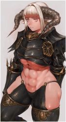 Rule 34 | 1girl, abs, animal ears, arm at side, arm behind back, armor, black armor, black horns, black thighhighs, blonde hair, blunt bangs, border, breasts, closed mouth, expressionless, gauntlets, grey background, highres, horns, huge breasts, ibuo (ibukht1015), long hair, looking at viewer, muscular, muscular female, navel, original, pauldrons, pink eyes, revealing clothes, shoulder armor, simple background, skindentation, solo, thick thighs, thighhighs, thighs, underboob, white border