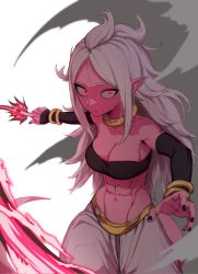 Rule 34 | 1girl, abs, android 21, attack, bare shoulders, black nails, breasts, closed mouth, colored skin, dragon ball, dragon ball fighterz, dragonball z, ears, energy beam, fighting stance, foreshortening, highres, jewelry, large breasts, looking at viewer, majin android 21, muscular, muscular female, nail polish, navel, necklace, pink skin, pointy ears, punching, red eyes, serious, solo, tail, white hair, zequung, zquung