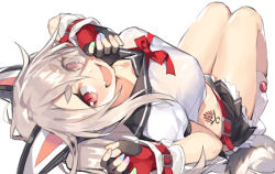 Rule 34 | 1girl, aemochi, azur lane, bad id, bad pixiv id, black gloves, black skirt, blush, breasts, fang, fingerless gloves, gloves, grey hair, legs together, long hair, looking at viewer, mechanical ears, medium breasts, midriff, nail polish, open mouth, red eyes, school uniform, serafuku, simple background, skirt, smile, solo, tattoo, thick eyebrows, thighs, white background, yuudachi (azur lane)