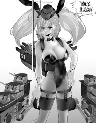 Rule 34 | 1girl, :o, alternate costume, anchor hair ornament, animal ears, anno88888, atlanta (kancolle), breasts, commentary request, covered navel, detached collar, earrings, english text, fake animal ears, garrison cap, gloves, greyscale, hair ornament, hand on own hip, hat, headgear, highres, jewelry, kantai collection, large breasts, leotard, long hair, looking at viewer, monochrome, open mouth, pantyhose, partially fingerless gloves, playboy bunny, rabbit ears, rigging, simple background, solo, speech bubble, star (symbol), star earrings, two side up