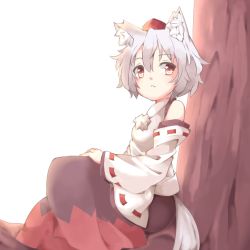 Rule 34 | 1girl, :&lt;, against tree, animal ear fluff, animal ears, bare shoulders, black skirt, commentary, cycloneyukari, detached sleeves, expressionless, feet out of frame, hair between eyes, hand on own thigh, hat, inubashiri momiji, looking at viewer, pom pom (clothes), red eyes, red hat, red skirt, ribbon-trimmed sleeves, ribbon trim, short hair, simple background, sitting, skirt, solo, tail, tokin hat, touhou, tree, two-tone skirt, under tree, white background, wolf ears, wolf tail