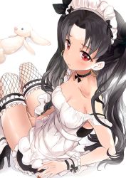Rule 34 | 1girl, alternate costume, between legs, black hair, blush, bow, choker, collarbone, commentary, doll, earrings, enmaided, fate/grand order, fate (series), fishnet thighhighs, fishnets, frills, hair bow, hand between legs, high heels, highres, ishtar (fate), jewelry, looking back, maid, maid headdress, nail polish, off shoulder, pout, rabbit, red eyes, saya (mychristian2), sitting, thighhighs, twintails, zettai ryouiki