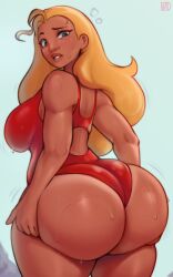 1girl absurdres ass ass_focus blonde_hair breasts curvy day from_behind grabbing_own_ass green_eyes hands_on_own_ass highres huge_ass large_breasts legs_together lifeguard_(lilo_&amp;_stitch) lilo_&amp;_stitch long_hair looking_back looking_down madheaven motion_lines one-piece_swimsuit outdoors raised_eyebrow red_one-piece_swimsuit solo standing sweat swimsuit tan tanline thick_thighs thighs wide_hips