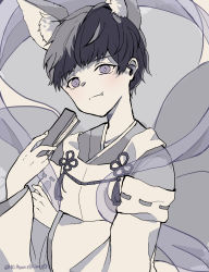 Rule 34 | 1boy, animal ear fluff, animal ears, bad id, bad pixiv id, blush, commentary, detached sleeves, fang, fang out, greyscale, head tilt, highres, holding, kitsunehime01, looking at viewer, matsuno ichimatsu, messy hair, monochrome, osomatsu-san, short hair, smile, solo, spot color