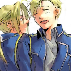 Rule 34 | 2boys, aiguillette, alphonse elric, amestris military uniform, arms at sides, backlighting, blonde hair, blue jacket, brothers, close-up, closed eyes, closed mouth, collared shirt, dress shirt, edward elric, facing another, facing viewer, fullmetal alchemist, half-closed eyes, happy, jacket, laughing, light blush, light smile, looking at another, lowres, male focus, military, military jacket, military uniform, multiple boys, noako, open clothes, open jacket, parted bangs, parted lips, ponytail, profile, shirt, siblings, side-by-side, simple background, smile, swept bangs, uniform, upper body, white background