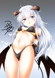 Rule 34 | 10s, 1girl, alternate costume, black gloves, blue eyes, blush, breasts, demon girl, gloves, hair between eyes, heart, hibiki (kancolle), horns, kantai collection, long hair, low wings, navel, open mouth, ribs, signature, silver hair, small breasts, solo, striped, striped background, verniy (kancolle), wings, y-string, yua (checkmate)