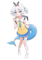 Rule 34 | 1girl, absurdres, airenif, alternate costume, backpack, bag, bandaid, bandaid on leg, blue bag, blue eyes, blue hair, blue neckerchief, blue skirt, blush, collarbone, collared shirt, fins, fish tail, frilled skirt, frills, full body, gawr gura, hairband, highres, hololive, hololive english, knees together feet apart, multicolored hair, neckerchief, pigeon-toed, shark tail, shirt, short hair, short sleeves, short twintails, simple background, skirt, socks, solo, standing, streaked hair, sweater vest, tail, twintails, v-neck, virtual youtuber, white background, white footwear, white hair, white shirt, white socks, yellow sweater vest