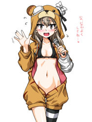 Rule 34 | 1girl, animal costume, bear costume, bikini, bikini top only, black bikini, black ribbon, black thighhighs, blush, boko (girls und panzer), breasts, brown eyes, brown jumpsuit, cowboy shot, eyepatch, flying sweatdrops, girls und panzer, holding, holding microphone, jumpsuit, light brown hair, long hair, long sleeves, looking at viewer, microphone, motion lines, navel, oosaka kanagawa, open mouth, ribbon, shimada arisu, short jumpsuit, single thighhigh, small breasts, smile, solo, standing, striped clothes, striped thighhighs, swimsuit, thighhighs, unzipped, waving, white background