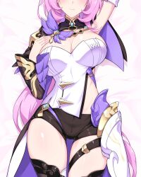 Rule 34 | 1girl, arm up, armor, black shorts, black thighhighs, blush, breasts, cleavage, closed mouth, commentary, cowboy shot, elysia (honkai impact), facing viewer, frilled sleeves, frills, from above, gold trim, halcon, hand on own chest, head out of frame, highres, honkai (series), honkai impact 3rd, large breasts, long hair, lying, on back, pink hair, shirt, short shorts, shorts, shrug (clothing), smile, solo, strapless, strapless shirt, thigh strap, thighhighs, very long hair, white shirt