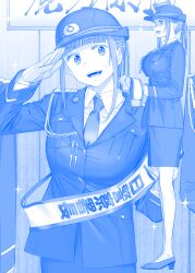 Rule 34 | 1girl, aiguillette, blue theme, breasts, cheer-chan (tawawa), commentary, commentary request, female service cap, full body, getsuyoubi no tawawa, gloves, hat, high heels, highres, himura kiseki, large breasts, long hair, necktie, open mouth, police, police uniform, policewoman, salute, skirt, smile, solo, sparkle, sparkling eyes, translated, uniform