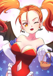 Rule 34 | 1girl, alternate costume, bat earrings, bat wings, breasts, cleavage, dragon quest, dragon quest viii, earrings, gloves, halloween costume, highres, jessica albert, jewelry, looking at viewer, one eye closed, open mouth, orange hair, red eyes, solo, twintails, white gloves, wings