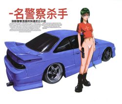 Rule 34 | 1girl, black footwear, boots, breasts, car, chinese text, cross, demon tail, ear piercing, earrings, english text, finger on trigger, full body, green hair, gun, handgun, holding, holding gun, holding weapon, jewelry, lips, looking at viewer, mixed-language text, motor vehicle, navel, nissan, nissan s14 silvia, nissan silvia, original, piercing, purple eyes, red shirt, shirt, shyzzzi, simple background, tail, thong, underwear, vehicle focus, vehicle request, weapon, white background