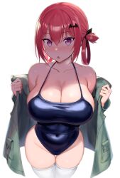 Rule 34 | 1girl, bare shoulders, bat hair ornament, blush, breasts, cleavage, collarbone, gabriel dropout, greatmosu, hair ornament, hair rings, highres, huge breasts, large breasts, leotard, long hair, looking at viewer, open mouth, purple eyes, red hair, satanichia kurumizawa mcdowell, simple background, solo, swimsuit, tagme, thighhighs, thighs, white background, white thighhighs