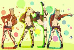 Rule 34 | 4boys, bad id, bad pixiv id, bandaid, bandaids on nipples, belt, character request, contrapposto, crossdressing, emblem, full body, green background, high heels, horse mask, hu (saimens), jacket, leg up, looking at viewer, male focus, mask, military, military uniform, multiple boys, navel, no pants, outstretched arm, pasties, profile, shingeki no kyojin, simple background, skirt, standing, standing on one leg, striped, suspenders, thigh strap, uniform