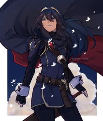 Rule 34 | 1girl, absurdres, armor, blue cape, blue eyes, blue gloves, blue hair, bug, butterfly, cape, commentary, cowboy shot, english commentary, fingerless gloves, fire emblem, fire emblem awakening, floating cape, gloves, hair between eyes, highres, insect, long hair, long sleeves, looking up, lucina (fire emblem), nintendo, parted lips, red cape, sheath, sheathed, shoulder armor, sierra117renner, solo, sword, tiara, twitter username, weapon