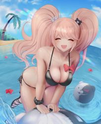 Rule 34 | 1girl, :d, ball, bare shoulders, beach, beachball, bear hair ornament, bikini, black bikini, black footwear, black scrunchie, blonde hair, bow, breasts, c01a (cola), cleavage, closed eyes, collarbone, commentary, danganronpa: trigger happy havoc, danganronpa (series), danganronpa s: ultimate summer camp, day, english commentary, enoshima junko, fang, flower, hair ornament, highres, large breasts, long hair, looking at viewer, monokuma, open mouth, palm tree, red bow, red flower, sandals, scrunchie, shoes, side-tie bikini bottom, skindentation, smile, solo, string bikini, swimsuit, teeth, tree, twintails, upper teeth only, water, wrist scrunchie