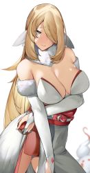 Rule 34 | 1girl, absurdres, alternate costume, arm under breasts, bare shoulders, blonde hair, blurry, blurry background, breasts, bridal gauntlets, cleavage, closed mouth, cowboy shot, creatures (company), cynthia (pokemon), eyes visible through hair, fur-trimmed sleeves, fur collar, fur trim, game freak, grey eyes, hair ornament, hair over one eye, highres, hisuian zorua, holding, holding poke ball, japanese clothes, kimono, large breasts, long hair, nervous smile, nintendo, obi, poke ball, poke ball (legends), pokemon, pokemon (creature), pokemon dppt, raised eyebrows, sash, simple background, smile, solo focus, strapless, very long hair, white background, white kimono, yuuyuu (yuuki1771)